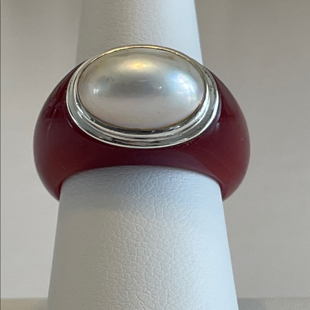 Genuine Red Jade Ring With Mabe Pearl In 925 Sterling Silver Bezel Setting